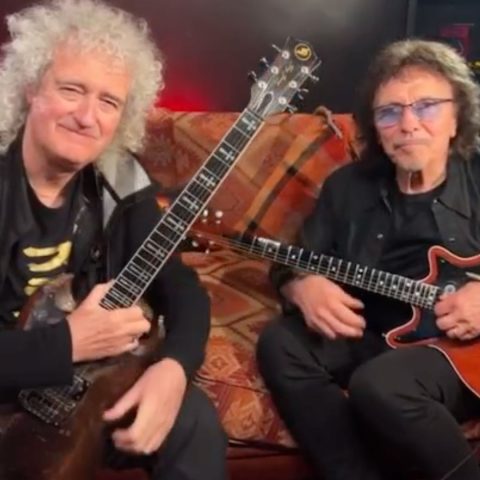 Tony Iommi encapsulates the struggle of all left-handers as he trades guitars with Brian May, wielding the Red Special upside down